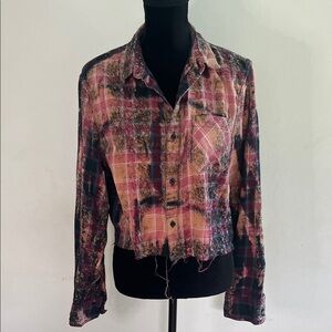 Plaid Button-Down Cropped Shirt in Pink and Blue